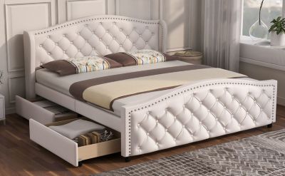 Lit 140x200 cm capitonné style Chesterfield avec tête haute et 2 tiroirs, cadre bois, revêtement PU blanc