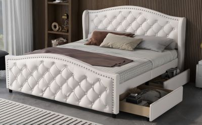 Lit 140x200 cm capitonné style Chesterfield avec tête haute et 2 tiroirs, cadre bois, revêtement PU blanc