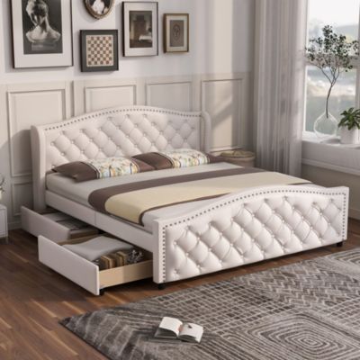 Lit 140x200 cm capitonné style Chesterfield avec tête haute et 2 tiroirs, cadre bois, revêtement PU blanc