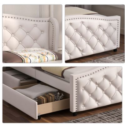 Lit 140x200 cm capitonné style Chesterfield avec tête haute et 2 tiroirs, cadre bois, revêtement PU blanc