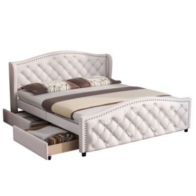 Lit 140x200 cm capitonné style Chesterfield avec tête haute et 2 tiroirs, cadre bois, revêtement PU blanc