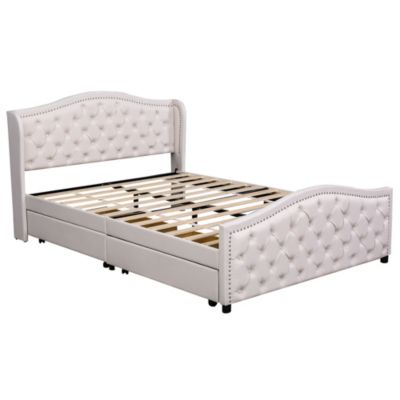 Lit 140x200 cm capitonné style Chesterfield avec tête haute et 2 tiroirs, cadre bois, revêtement PU blanc