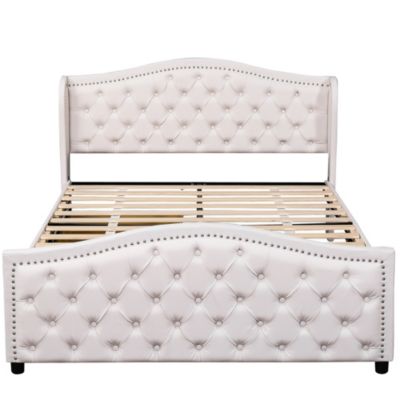 Lit 140x200 cm capitonné style Chesterfield avec tête haute et 2 tiroirs, cadre bois, revêtement PU blanc