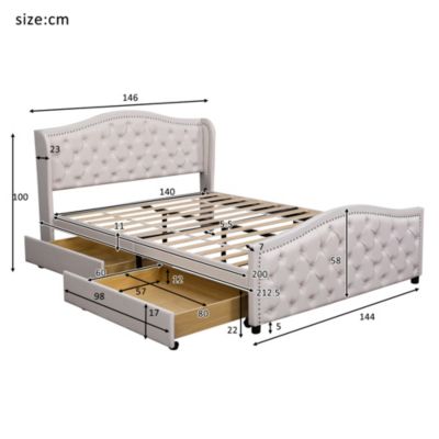 Lit 140x200 cm capitonné style Chesterfield avec tête haute et 2 tiroirs, cadre bois, revêtement PU blanc