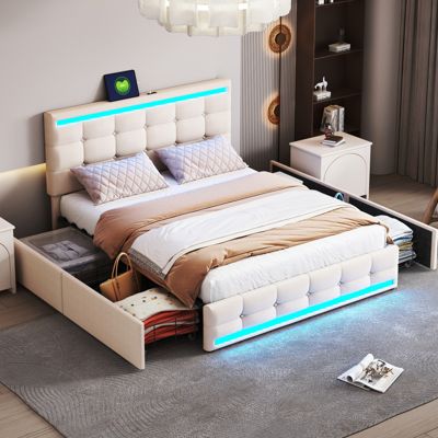 Lit 140x200 cm en tissu beige avec LED, 4 tiroirs de rangement et 2 ports USB, Lit plateforme pratique et élégant