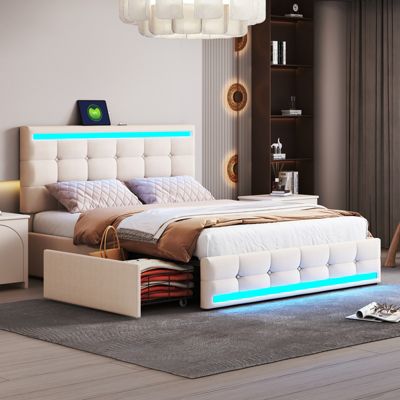 Lit 140x200 cm en tissu beige avec LED, 4 tiroirs de rangement et 2 ports USB, Lit plateforme pratique et élégant