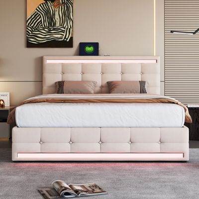 Lit 140x200 cm en tissu beige avec LED, 4 tiroirs de rangement et 2 ports USB, Lit plateforme pratique et élégant