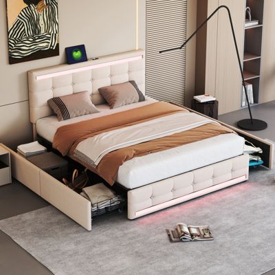 Lit 140x200 cm en tissu beige avec LED, 4 tiroirs de rangement et 2 ports USB, Lit plateforme pratique et élégant