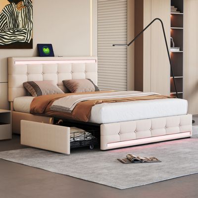 Lit 140x200 cm en tissu beige avec LED, 4 tiroirs de rangement et 2 ports USB, Lit plateforme pratique et élégant