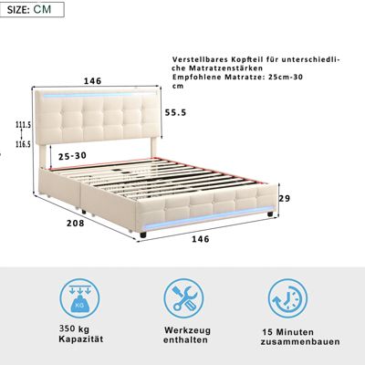 Lit 140x200 cm en tissu beige avec LED, 4 tiroirs de rangement et 2 ports USB, Lit plateforme pratique et élégant