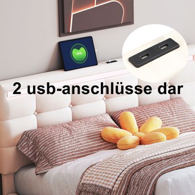 Lit 140x200 cm en tissu beige avec LED, 4 tiroirs de rangement et 2 ports USB, Lit plateforme pratique et élégant