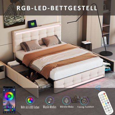 Lit 140x200 cm en tissu beige avec LED, 4 tiroirs de rangement et 2 ports USB, Lit plateforme pratique et élégant