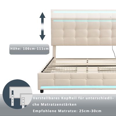 Lit 140x200 cm en tissu beige avec LED, 4 tiroirs de rangement et 2 ports USB, Lit plateforme pratique et élégant