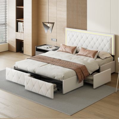 Lit 140x200cm avec LED tête de lit relevable, Lit capitonné avec 4 tiroirs et Rangement Lit, Blanc