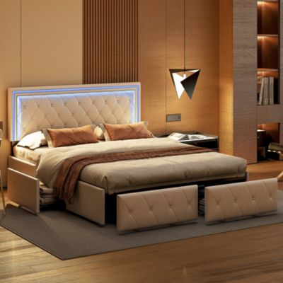 Lit 140x200cm avec LED tête de lit relevable, Lit capitonné avec 4 tiroirs et Rangement Lit, Blanc