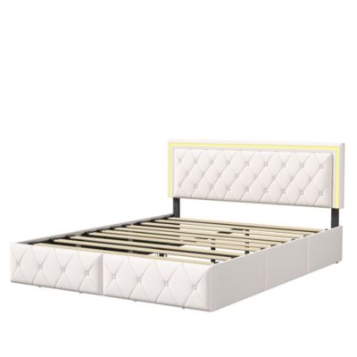 Lit 140x200cm avec LED tête de lit relevable, Lit capitonné avec 4 tiroirs et Rangement Lit, Blanc