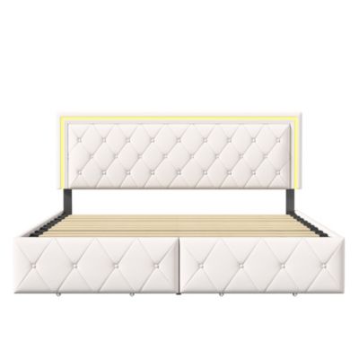 Lit 140x200cm avec LED tête de lit relevable, Lit capitonné avec 4 tiroirs et Rangement Lit, Blanc