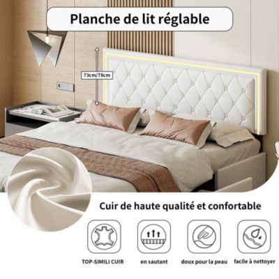Lit 140x200cm avec LED tête de lit relevable, Lit capitonné avec 4 tiroirs et Rangement Lit, Blanc