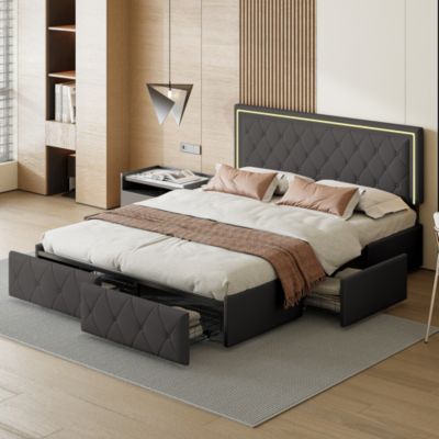Lit 140x200cm Avec LED Tête De Lit Relevable, Lit Capitonné Avec 4 Tiroirs Et Rangement Lit, Gris