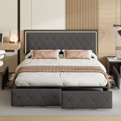 Lit 140x200cm Avec LED Tête De Lit Relevable, Lit Capitonné Avec 4 Tiroirs Et Rangement Lit, Gris