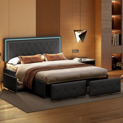 Lit 140x200cm Avec LED Tête De Lit Relevable, Lit Capitonné Avec 4 Tiroirs Et Rangement Lit, Gris