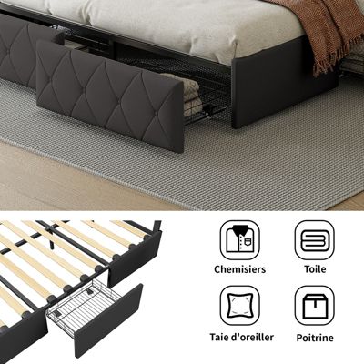 Lit 140x200cm Avec LED Tête De Lit Relevable, Lit Capitonné Avec 4 Tiroirs Et Rangement Lit, Gris
