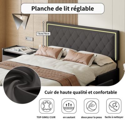 Lit 140x200cm Avec LED Tête De Lit Relevable, Lit Capitonné Avec 4 Tiroirs Et Rangement Lit, Gris