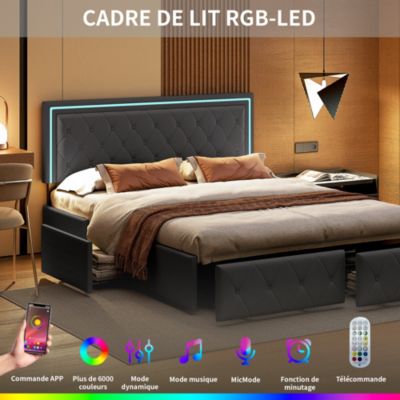 Lit 140x200cm Avec LED Tête De Lit Relevable, Lit Capitonné Avec 4 Tiroirs Et Rangement Lit, Gris