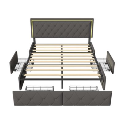 Lit 140x200cm Avec LED Tête De Lit Relevable, Lit Capitonné Avec 4 Tiroirs Et Rangement Lit, Gris