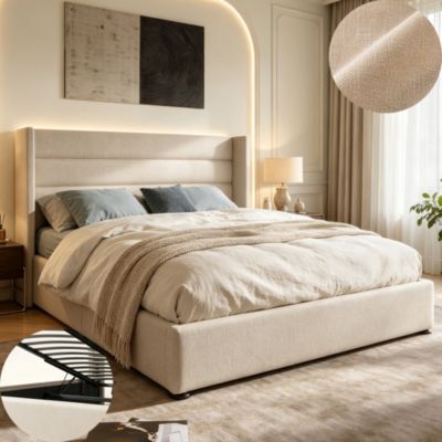 lit 160x200 avec coffre de lit, lit coffre 160x200 avec sommier à lattes et tete de lit, style scandinave, tissu lin, beige