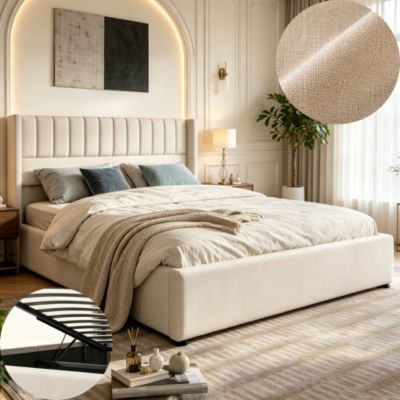 lit 160x200 avec coffre de lit, lit coffre 160x200 avec tete de lit et sommier à lattes, style scandinave, tissu lin, beige