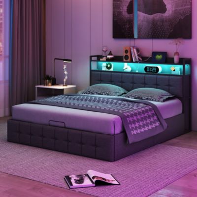 Lit 160x200 avec Sommier, Cadre de lit avec Éclairage LED et 2 Prises CA & 2 Ports USB,Tissu en Lin, Gris