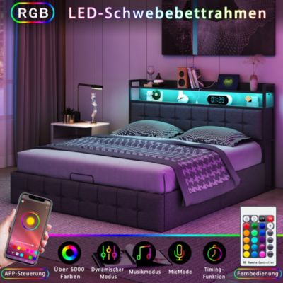Lit 160x200 avec Sommier, Cadre de lit avec Éclairage LED et 2 Prises CA & 2 Ports USB,Tissu en Lin, Gris