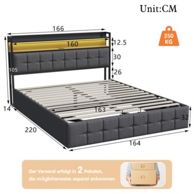 Lit 160x200 avec Sommier, Cadre de lit avec Éclairage LED et 2 Prises CA & 2 Ports USB,Tissu en Lin, Gris