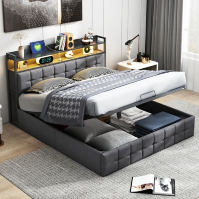 Lit 160x200 avec Sommier, Cadre de lit avec Éclairage LED et 2 Prises CA & 2 Ports USB,Tissu en Lin, Gris