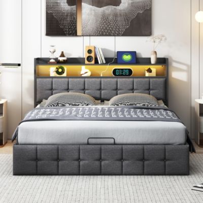 Lit 160x200 avec Sommier, Cadre de lit avec Éclairage LED et 2 Prises CA & 2 Ports USB,Tissu en Lin, Gris