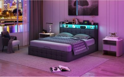 Lit 160x200 avec Sommier, Cadre de lit avec Éclairage LED et 2 Prises CA & 2 Ports USB,Tissu en Lin, Gris