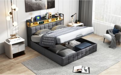 Lit 160x200 avec Sommier, Cadre de lit avec Éclairage LED et 2 Prises CA & 2 Ports USB,Tissu en Lin, Gris