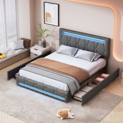 Lit Double 160x200 Avec Rangement Yeutre - 4 Tiroirs, Tête De Lit Velours Et Ports USB - Sans Matelas - 10