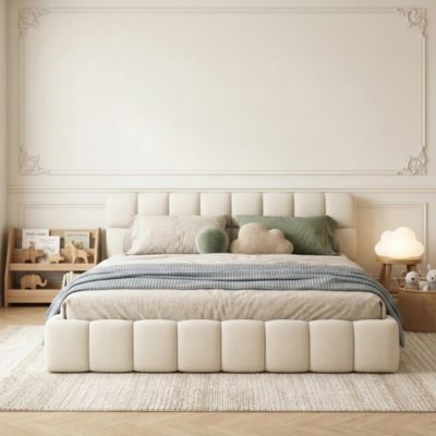 Lit 160x200 cm avec dossier moelleux, lit double capitonné en lin, sommier à lattes, tête de lit, design, Beige