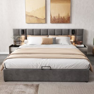 Lit Coffre 160 X 200 Cm Avec Tête De Lit Réglable - Prises USB Et LEDs Velours Gris Fonce Sans Matelas 96418514