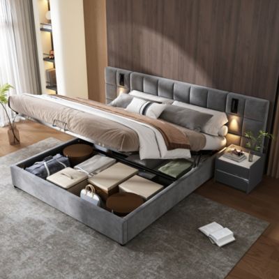 Lit Avec Rangement 160 X 200 Cm - Lit Beige Capitonné Avec 4 Tiroirs Et Systeme Stereo   Velours Mdf   Sans Matelas   Gris