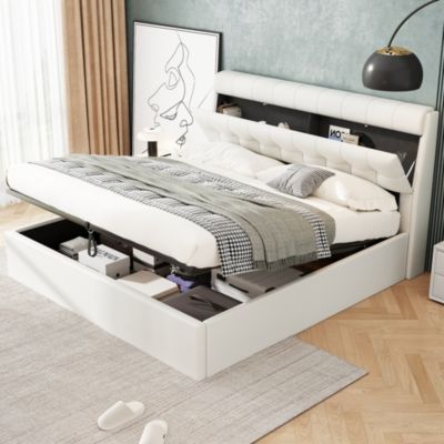 Lit 160x200 cm avec rangement hydraulique et tête de lit coffre tapissée en PU blanc, design moderne