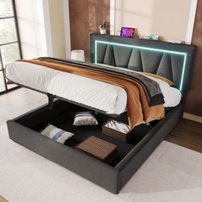 Lit 160x200 cm coffre de rangement avec sommier relevable, tête de lit ...