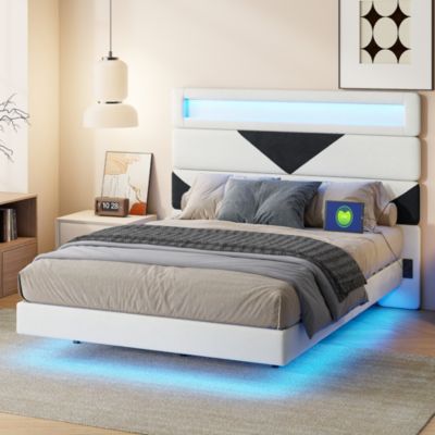 Lit 160x200 cm, MDF,  avec  USB et éclairage LED, Cadre de lit, lit flottant avec Tête de lit triangle,  - Blanc