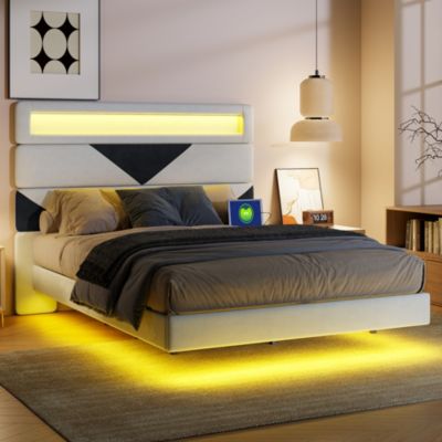 Lit 160x200 cm, MDF,  avec  USB et éclairage LED, Cadre de lit, lit flottant avec Tête de lit triangle,  - Blanc