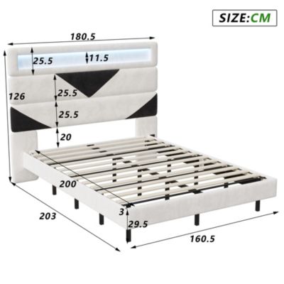 Lit 160x200 cm, MDF,  avec  USB et éclairage LED, Cadre de lit, lit flottant avec Tête de lit triangle,  - Blanc