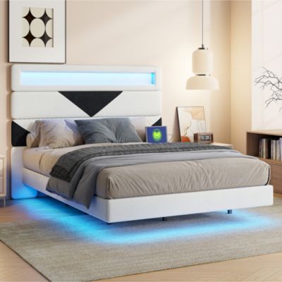 Lit 160x200 cm, MDF,  avec  USB et éclairage LED, Cadre de lit, lit flottant avec Tête de lit triangle,  - Blanc