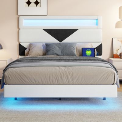 Lit 160x200 cm, MDF,  avec  USB et éclairage LED, Cadre de lit, lit flottant avec Tête de lit triangle,  - Blanc
