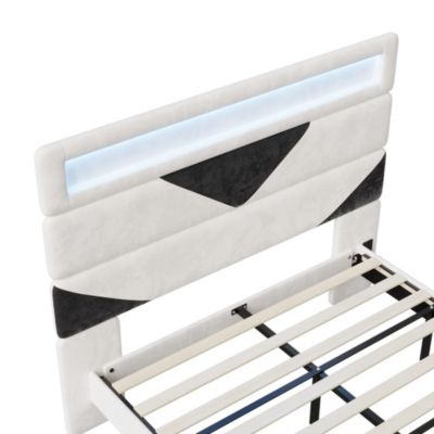 Lit 160x200 cm, MDF,  avec  USB et éclairage LED, Cadre de lit, lit flottant avec Tête de lit triangle,  - Blanc
